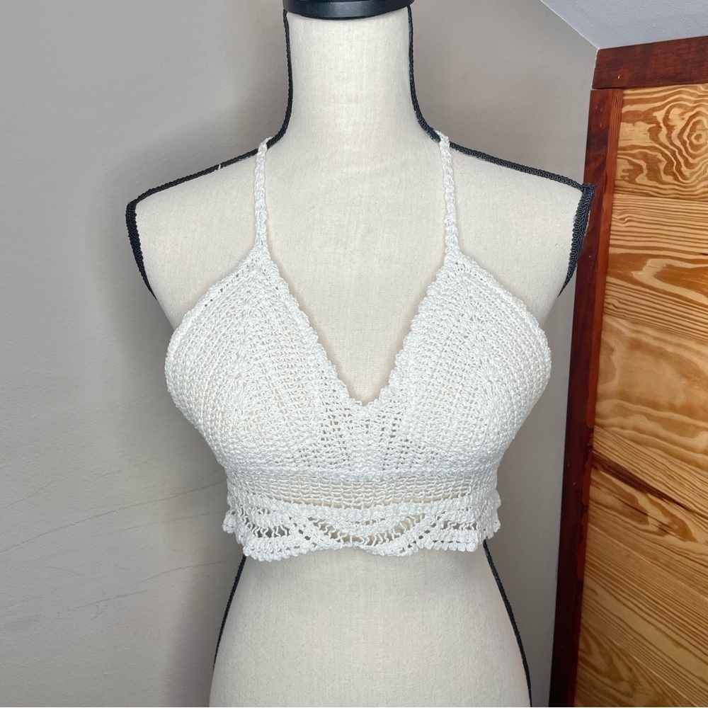 Unbranded White Cream Crochet Halter Crop Top Extra Small Small